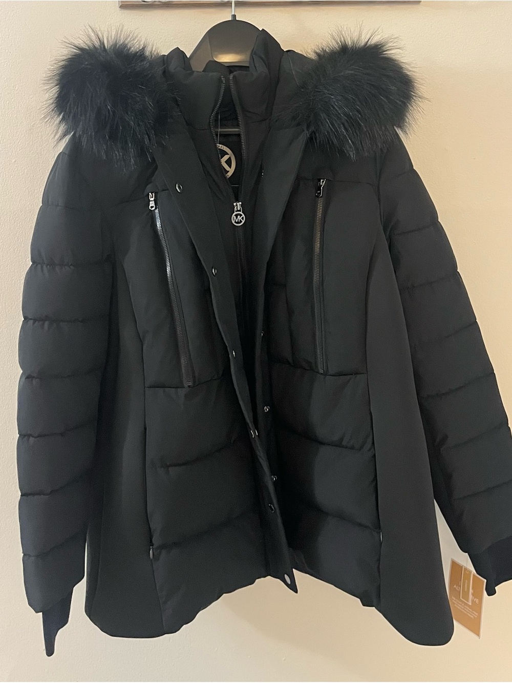 Michael Kors Black Quilted Puffer Coat with Faux-Fur Trimmed Hood
